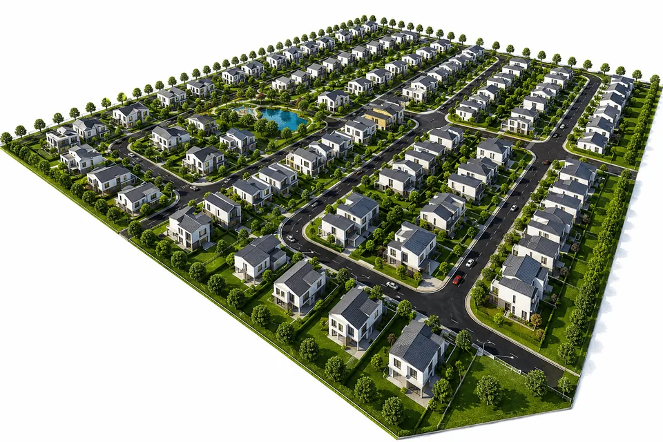 Rendering of a planned community of SteelHaven homes, from above