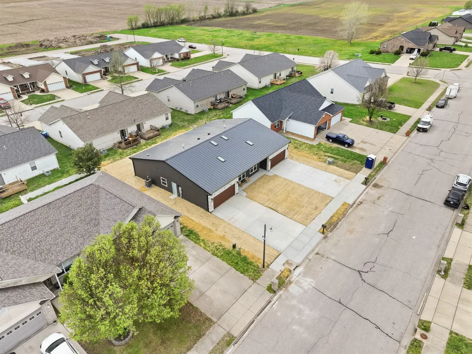 The Duo, a finished SteelHaven attached villa in Highland, Illinois, from above