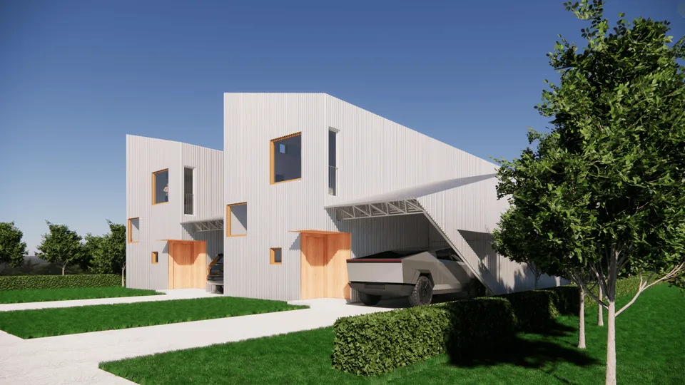 Rendering of The Vector from the street, with its angled steel roofline