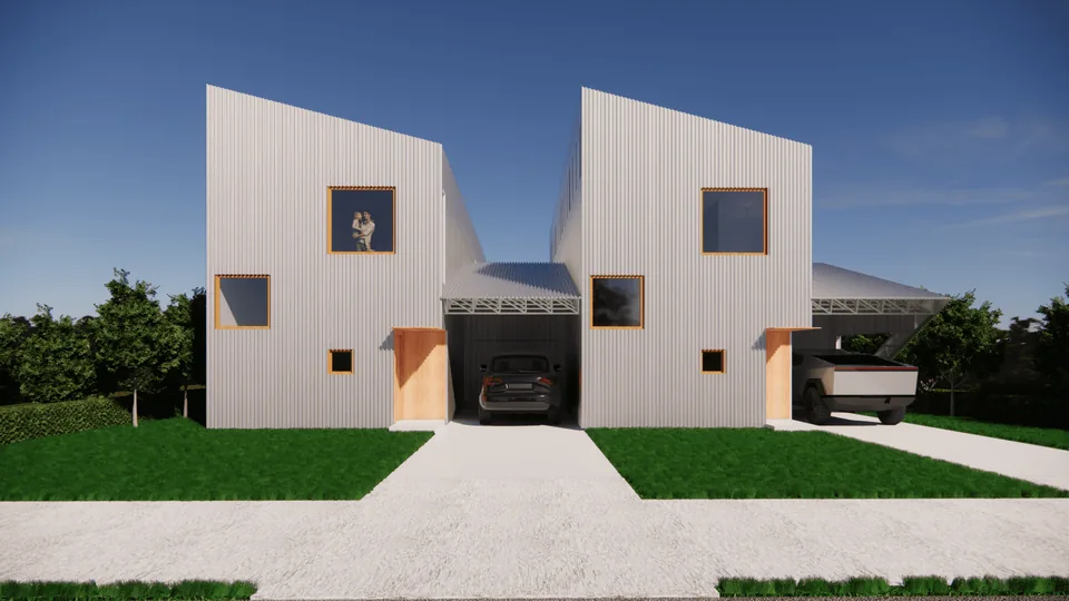 Rendering of The Vector's front, two homes facing the street